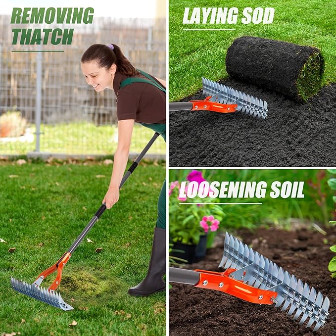 15-inch Lawn Thatch Rake-👍Adjustable (Overall length 70 inches)